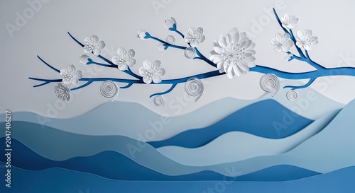 Layered paper art blue mountains with white blossom branches