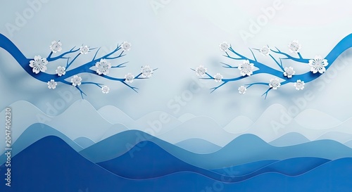 Layered paper cut mountain landscape with white cherry blossoms.