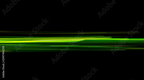 Abstract neon green light streaks on black background, dynamic high speed motion blur effect for modern digital wallpaper, professional commercial design backdrop with ample copy space for text