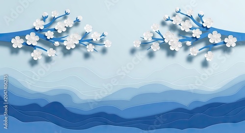Minimalist blue paper cut landscape with white blossom branches.