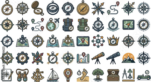 Φωτογραφία Navigation compass map geography vector icon set with vintage explorer marine ro