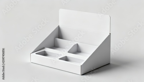 open display box, white display box, cardboard display, product display, retail display, counter display, packaging mockup, white packaging, blank packaging, empty box, minimal background, 3d render, 