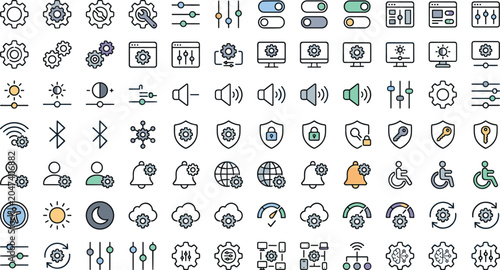 Foto Digital system options configuration vector icon set with cogwheel slider button