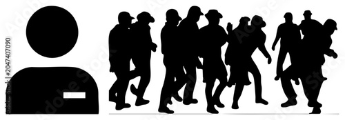 Group of human figures and a large user, representing a mob or a crowd of folks walking together. This silhouette ensemble features various shapes of person silhouettes and a profile avatar.