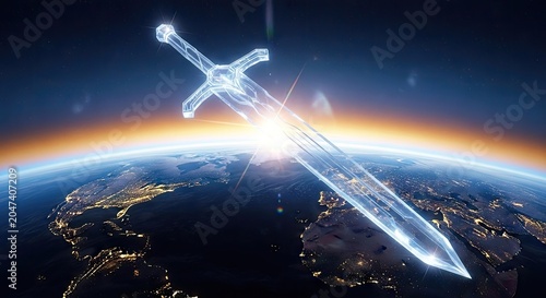 Translucent crystal sword above Earth during sunset.