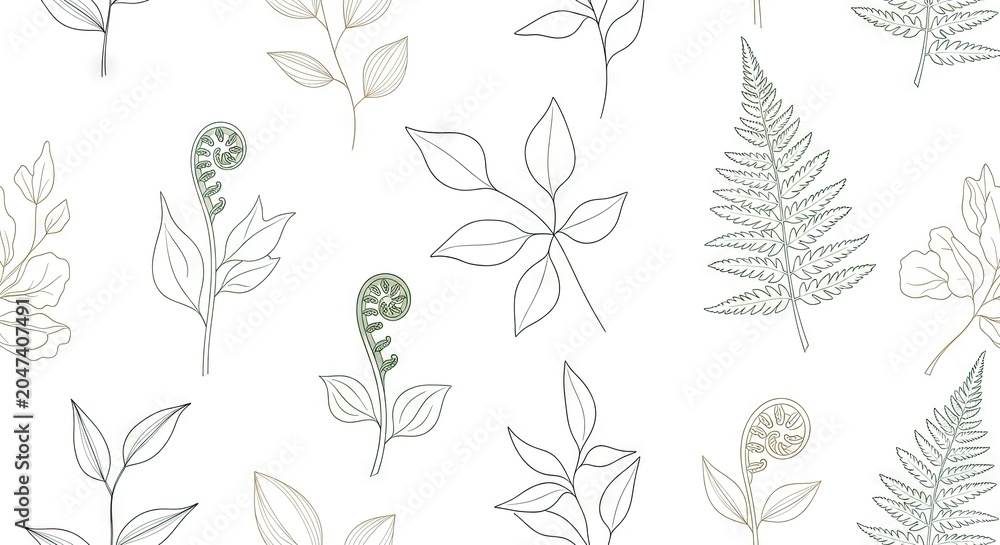 Obraz premium Minimalist botanical line art pattern of leaves and ferns.