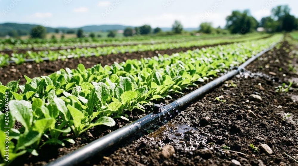 Obraz premium Drip irrigation watering rows of leafy green crops in garden.