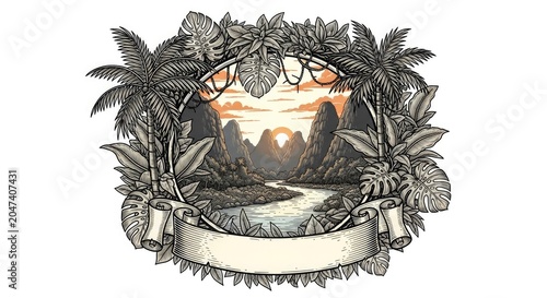 Tropical landscape line art illustration with empty ribbon banner.
