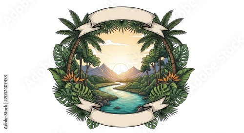 Tropical river landscape illustration with palm trees and banner.