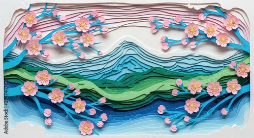 Vibrant pink paper cut blossom mountain landscape scene.