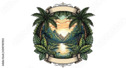 Vintage tropical badge with palm trees and mountain sunset.