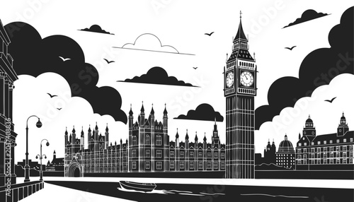 Very beautiful black-and-white vector illustration featuring London with Big Ben and the Palace of Westminster surrounded by engraved clouds, historic architecture, and dramatic monochrome city scener