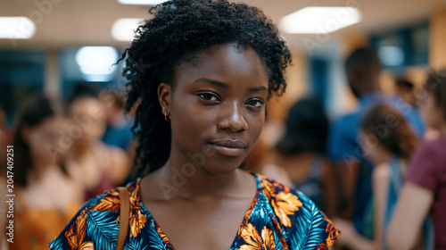 Ghanaian teenager in a school hallway confidently wearing unprocessed natural coils during a crowded class change, peers glancing with curiosity, fluorescent lighting catching textured volume, self-