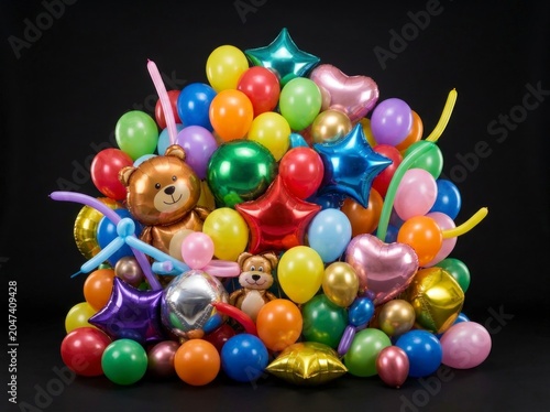 Colorful balloons and party decorations stacked.