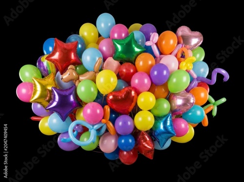 Colorful balloons in various shapes sizes.