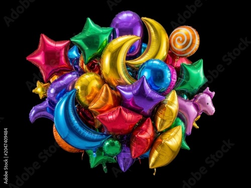 Colorful balloons in various shapes and sizes.