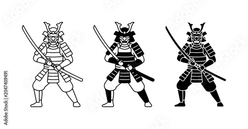 Samurai Warriors Vector Set: Japanese Warrior Icons in Black and White, Silhouette, and Outline Styles for Cultural and Historical Designs