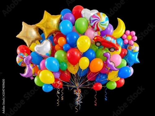 Colorful balloons tied together on black.