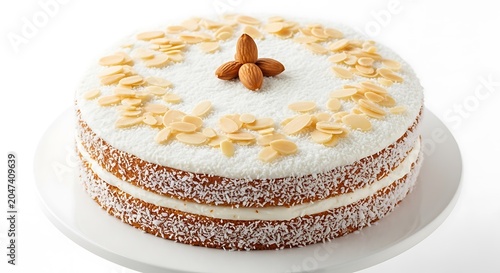 Delicious Cake with White Frosting and Almonds on Top