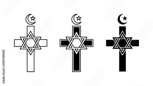 Schilderij op canvas Religious Symbols Vector Icons: Cross, Star of David, Crescent Moon, Interfaith