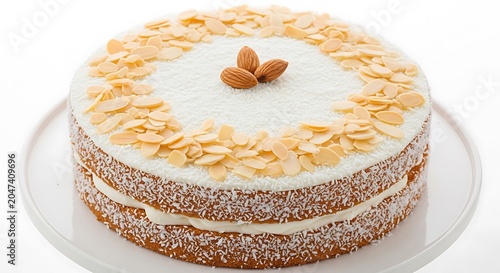 Delicious Cake with White Frosting and Almonds on Top