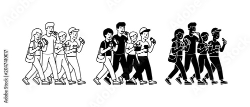 Diverse Group Walking, Mobile Phone Use, Silhouette & Outline Styles, Modern Lifestyle
