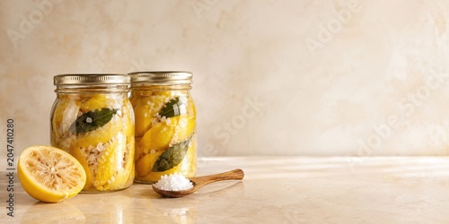 Preserved Lemons in Glass Jars With Copy Space