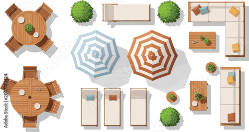 Top view vector illustration of outdoor patio furniture set with wooden tables chairs umbrellas and lounge sofas for garden landscape planning