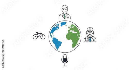 Foto Globe with people and bicycle icon.