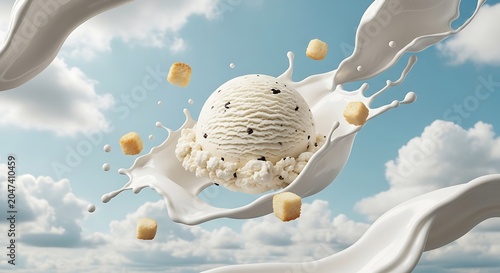 Vanilla Ice Cream Splashing with Milk and Sugar Cubes in Blue Sky