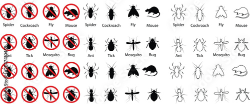 Vászonkép Pest control vector set collection group with insect rodent prohibition icons, bug mosquito rat cockroach symbol, no pest sign silhouette outline isolated design on transparent background