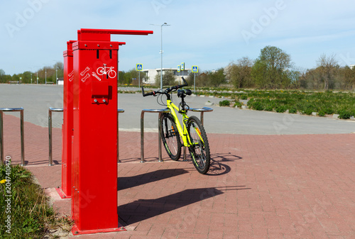 A public bicycle repair station outside the city. Bike repair station