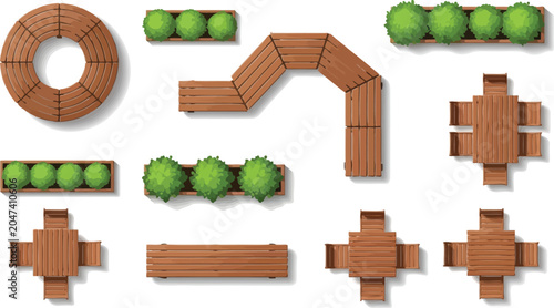 Top view vector set of wooden park furniture including circular benches tables and green planters for landscape design