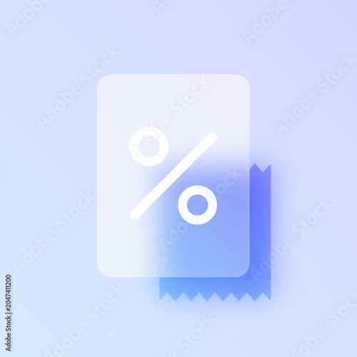 Discount coupon glassmorphism icon. Blue frosted glass vector pictogram with percent sign on receipt for UI, web design concept.
