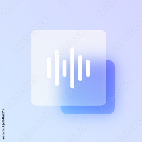Voice waveform glassmorphism icon. Blue frosted glass vector pictogram with audio bars for UI, web design concept.