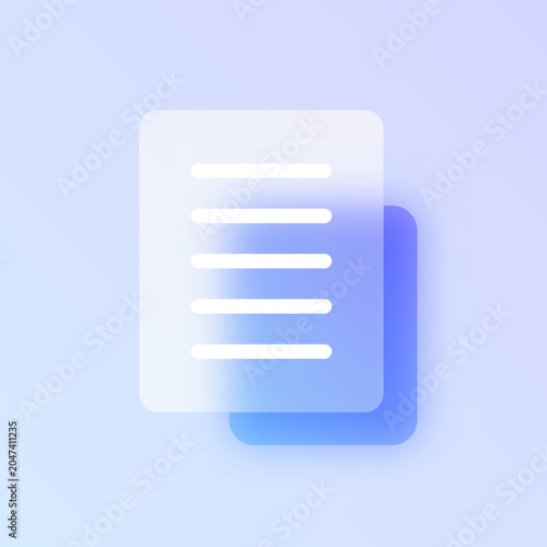 Document glassmorphism icon. Blue frosted glass vector pictogram with text lines for files UI, web design concept.