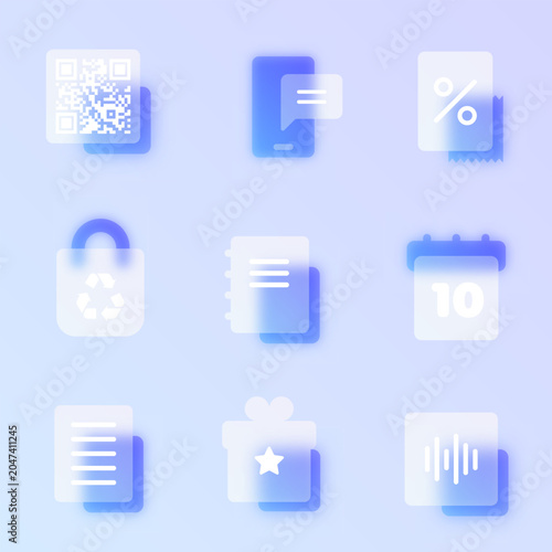 Glassmorphism icon set: QR code, chat, discount, recycling bag, notes, calendar, document, gift, voice. Blue frosted glass UI icons, vector.