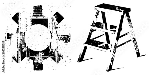 This gritty stencil features a heavy duty stepladder alongside a mechanical gear or cogwheel. These industrial pieces, a and a step stool, exhibit a raw halftone texture.