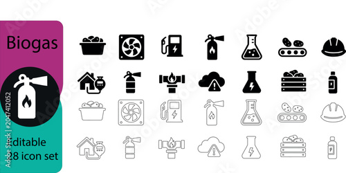 Photos Biogas editable icon set for energy and industrial applications