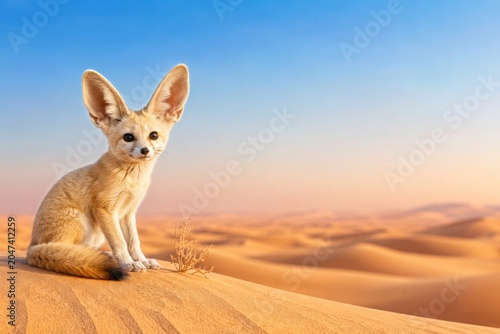 Fennec Fox Sitting on Sand Dune With Desert Copy Space
