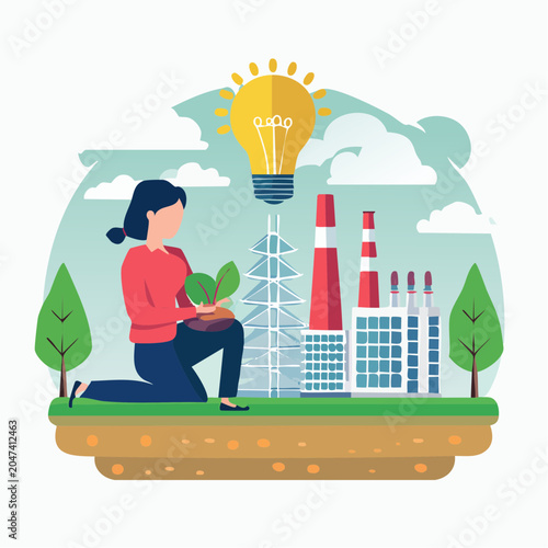 Person planting seedling near factory with light bulb overhead