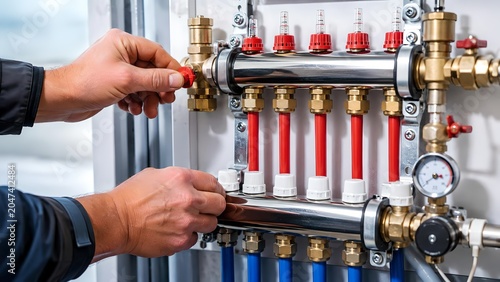 Underfloor heating manifold, plumber hands adjusting radiant heat system