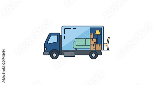 Moving truck with furniture inside.