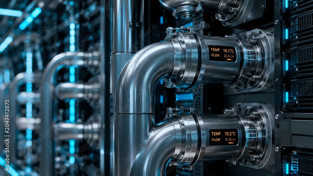 Fototapeta premium Industrial liquid cooling system, server room pipes, data center hardware
