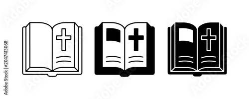 Fotografie Bible Icons, Christian Cross Symbols, Religious Open Book Graphics Set