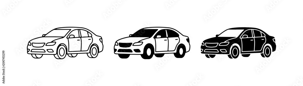 Fototapeta premium Three Sedan Cars, Black and White Line Art Icons, Automotive Transport Collection