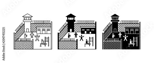Εκτύπωση καμβά Prison Building Icons, Inmate Figures, Security Tower, Barbed Wire Fences, Vecto