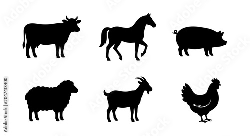 Fotografía Farm Animal Silhouettes: Cow, Horse, Pig, Sheep, Goat, Chicken Vector Icons for