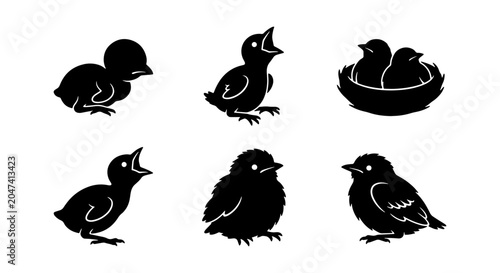 Tableau sur toile Cute Baby Bird Silhouettes Collection, Adorable Chicks in Various Poses, Simple