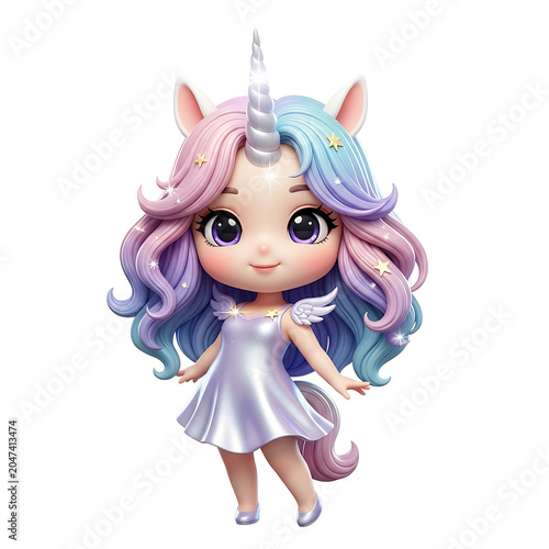Charming Chibi Unicorn Girl with Pastel Hair and Wings